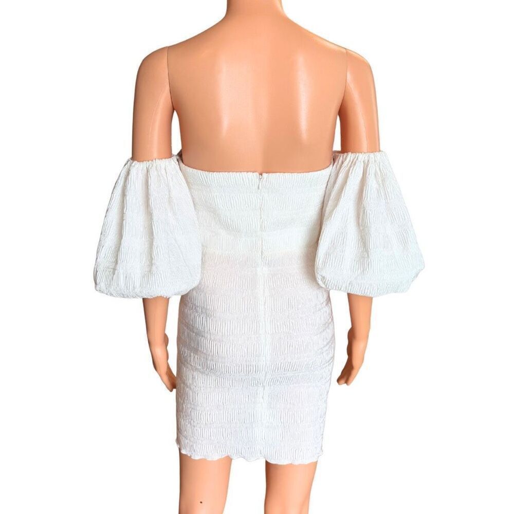 Nwt L'idee Art Deco White Pleated Off Shoulder Puff Sleeve Mini Dress 8 Smocked — image 7 of 8